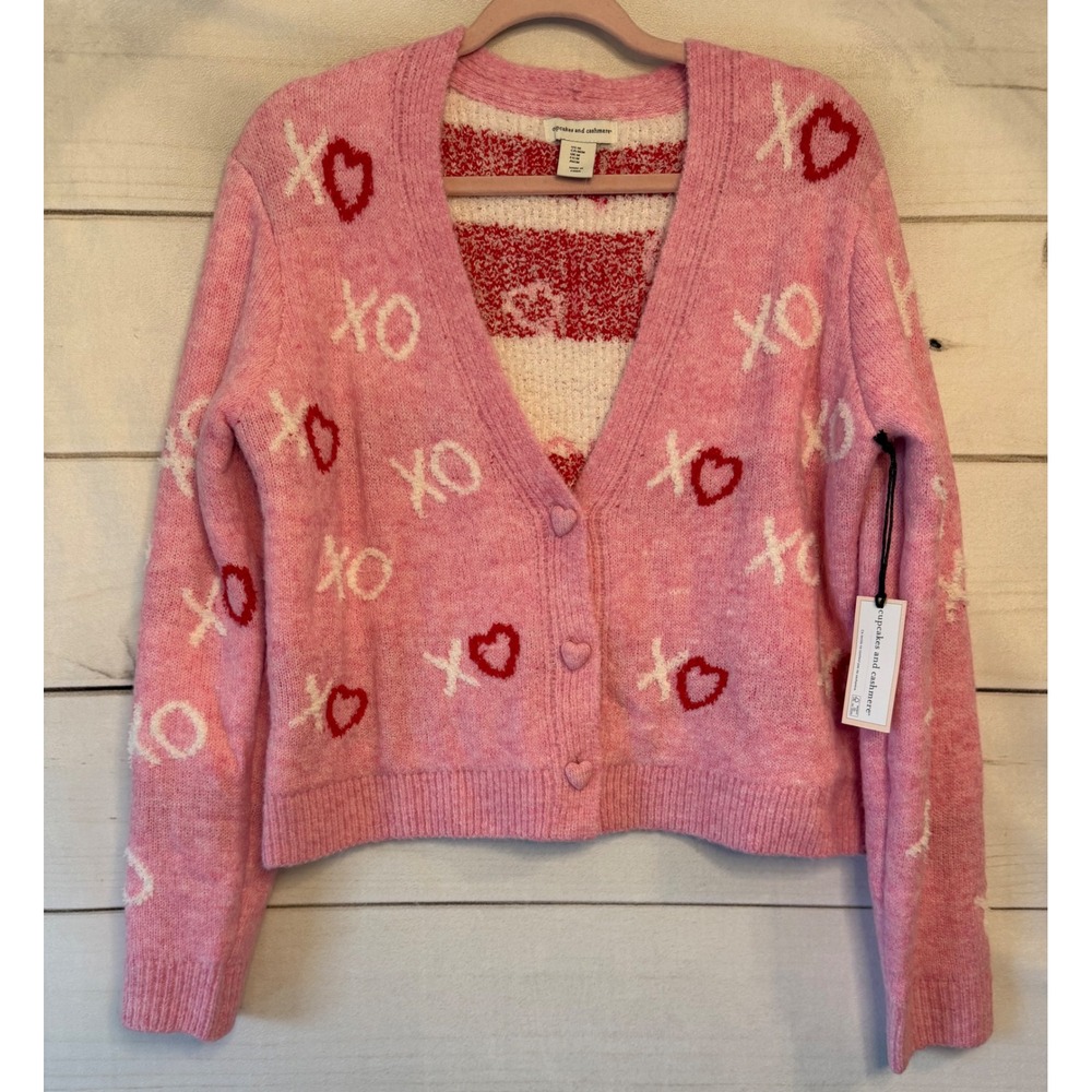 Cupcakes and Cashmere Pink Heart XO Cardigan Sweater Heart Buttons NWT Size M